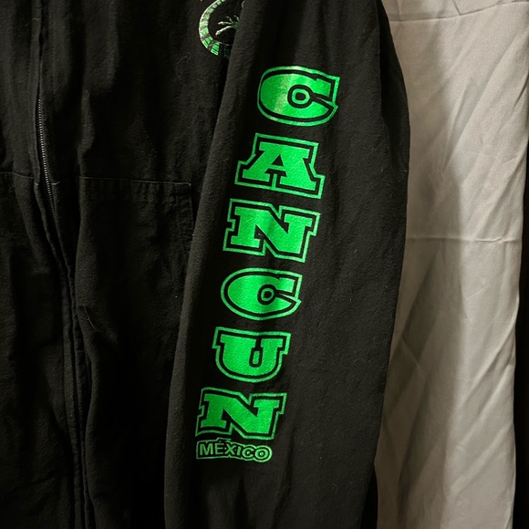 Stylish Black Hooded Jacket with Green Lettering & Design - Picture 3 of 10